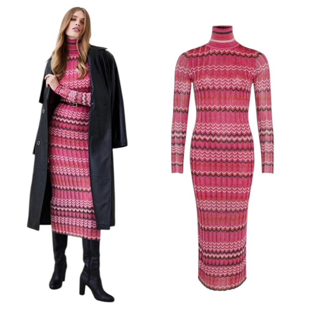KAREN MILLEN Patterned Sparkle Knit Roll Neck Jacquard Midi Dress Pink Size XS